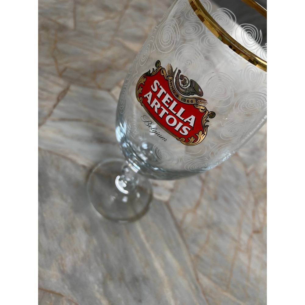 Stella Artois Gold Rimmed Etched Swirl Stemmed Beer Chalice Glass 7.5 Inch